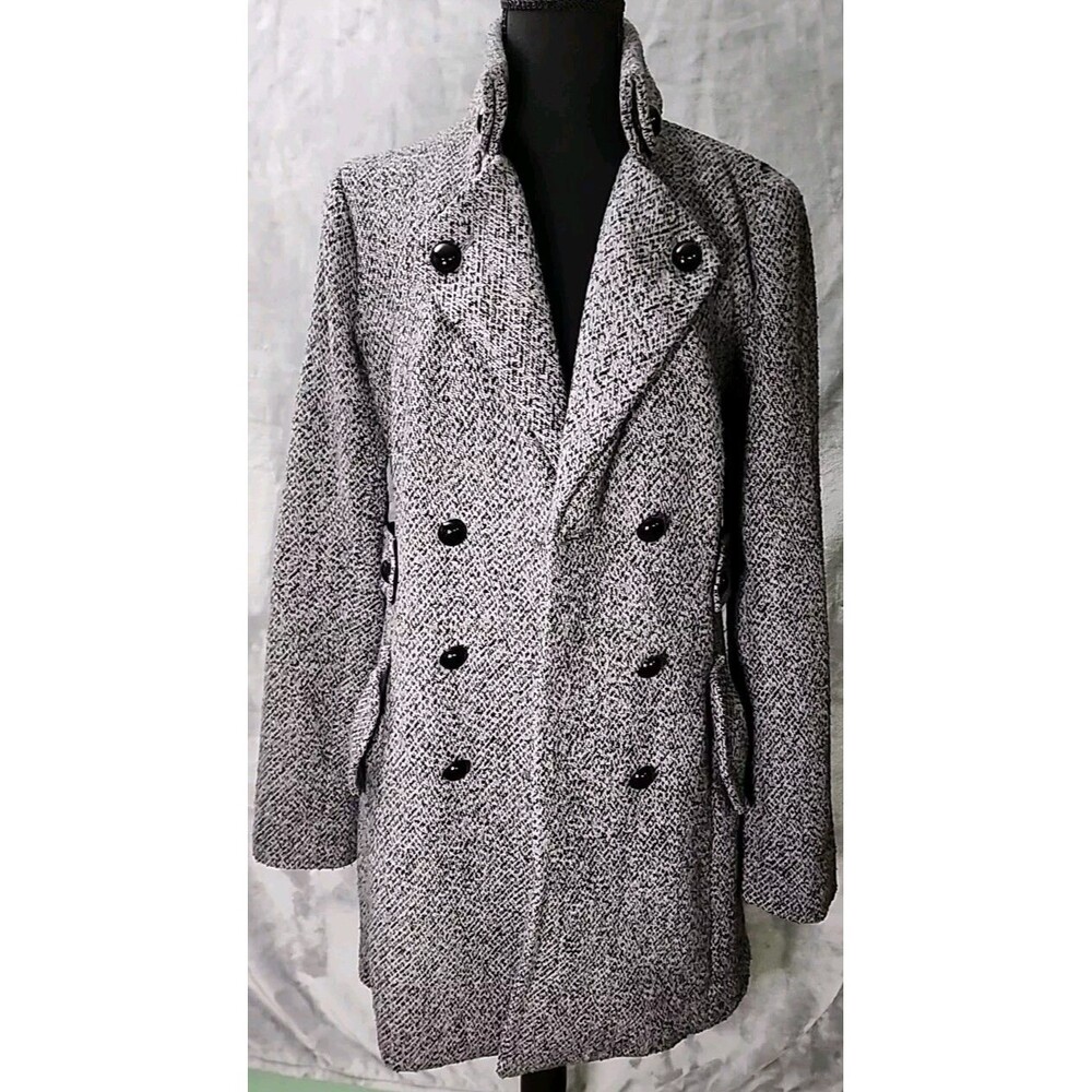 B-Wear Womens L Black & Grey Double-Breasted Wool Blend Coat City Classic Grunge